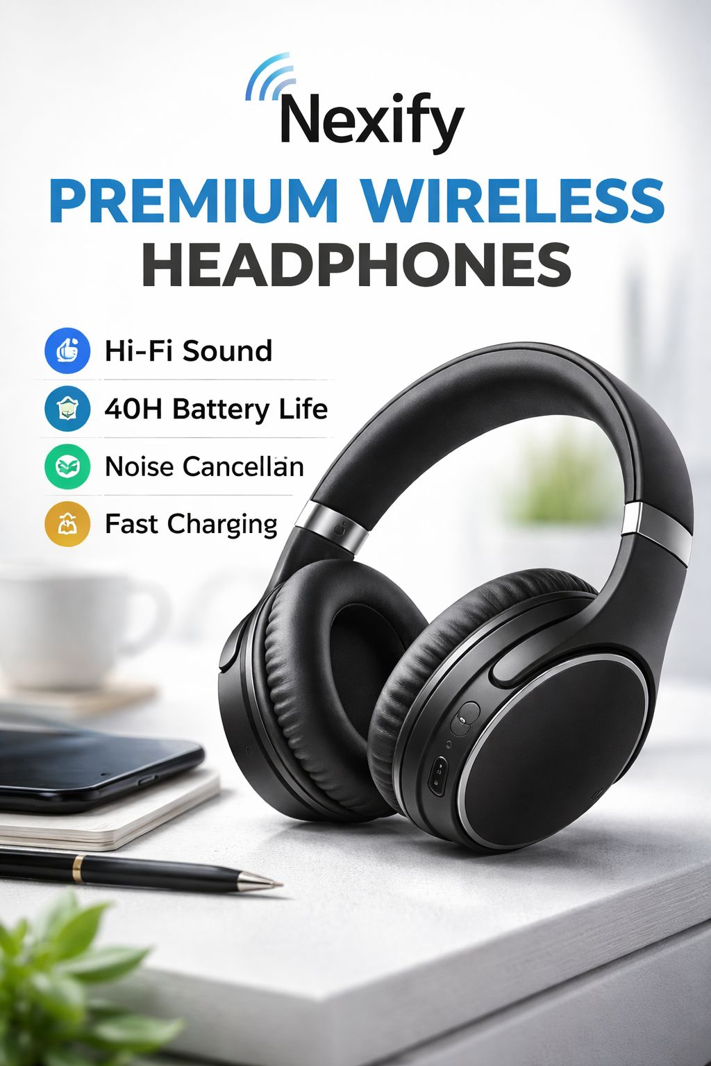 Nexify Premium Wireless Headphones – HiFi Sound | 40H Battery | Fast Charging