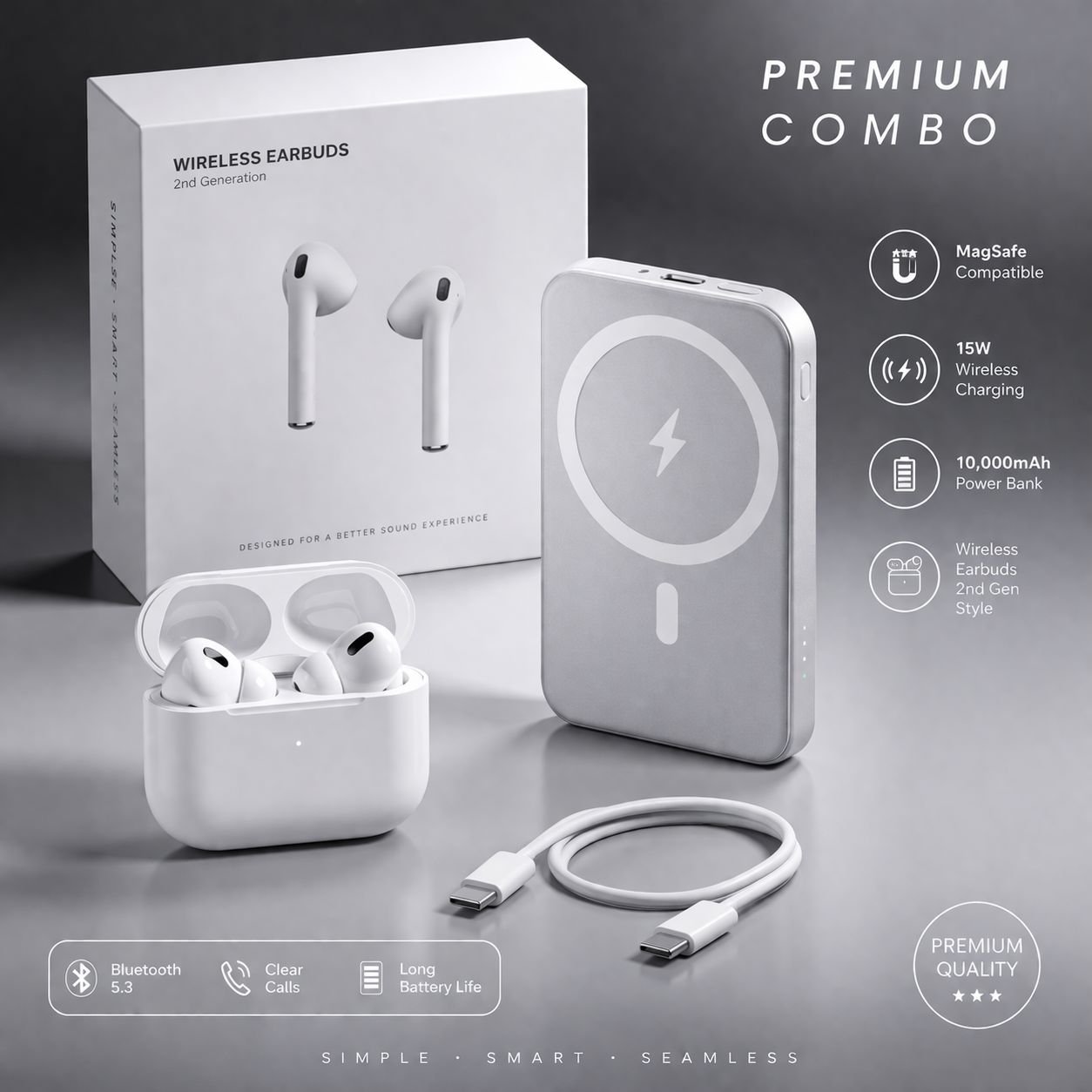 Wireless Earbuds + Magnetic Power Bank Combo – HD Sound | Fast Charging